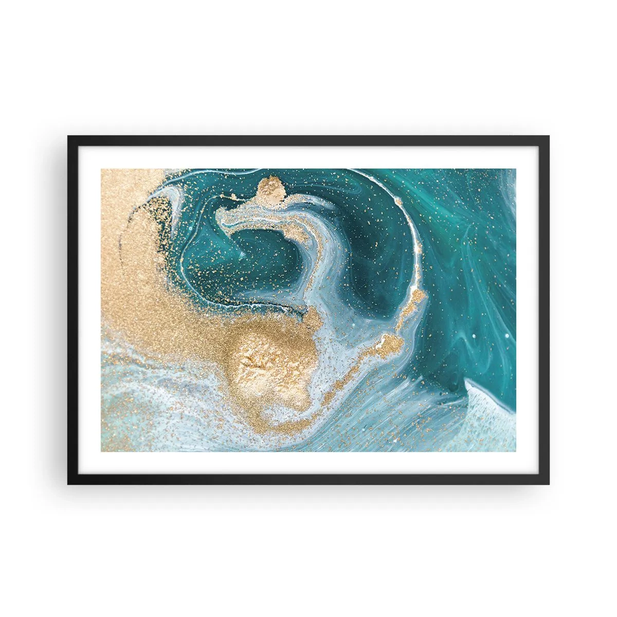 Affiche dans un cadre noir - Poster - Tourbillon abstrait dans les tons turquoise et or - 70x50cm - Tourbillon d'or et de turquoise - Décoration murale moderne pour le salon et la chambre ARTTOR