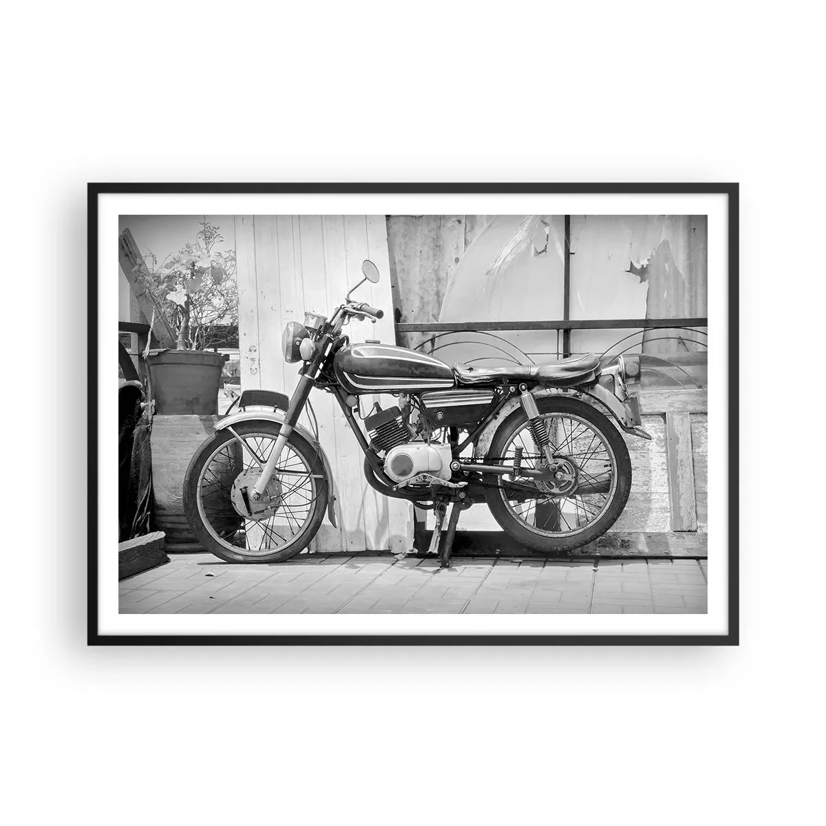 Affiche dans un cadre noir - Poster - Photo en noir et blanc d'une moto classique - 100x70cm - Classique au dessus de tout - Décoration murale moderne pour le salon et la chambre ARTTOR