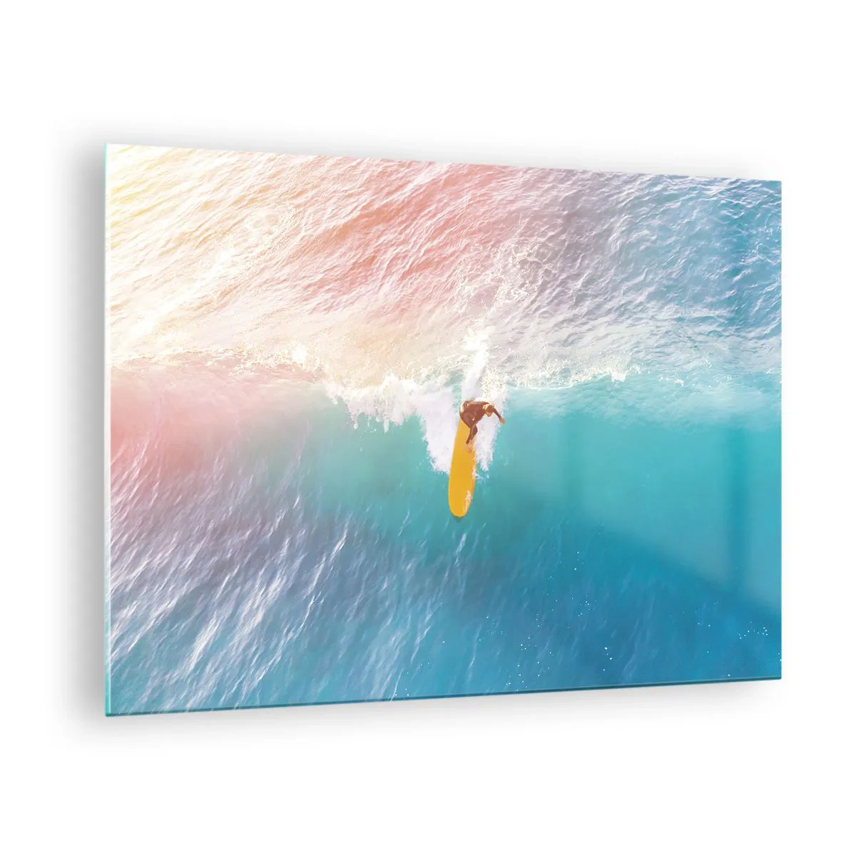 Impression sur verre - Image sur verre - Surfeur chevauchant une vague dans l'océan turquoise - 70x50cm - Le cavalier de l'océan - Décoration murale moderne pour le salon et la chambre ARTTOR
