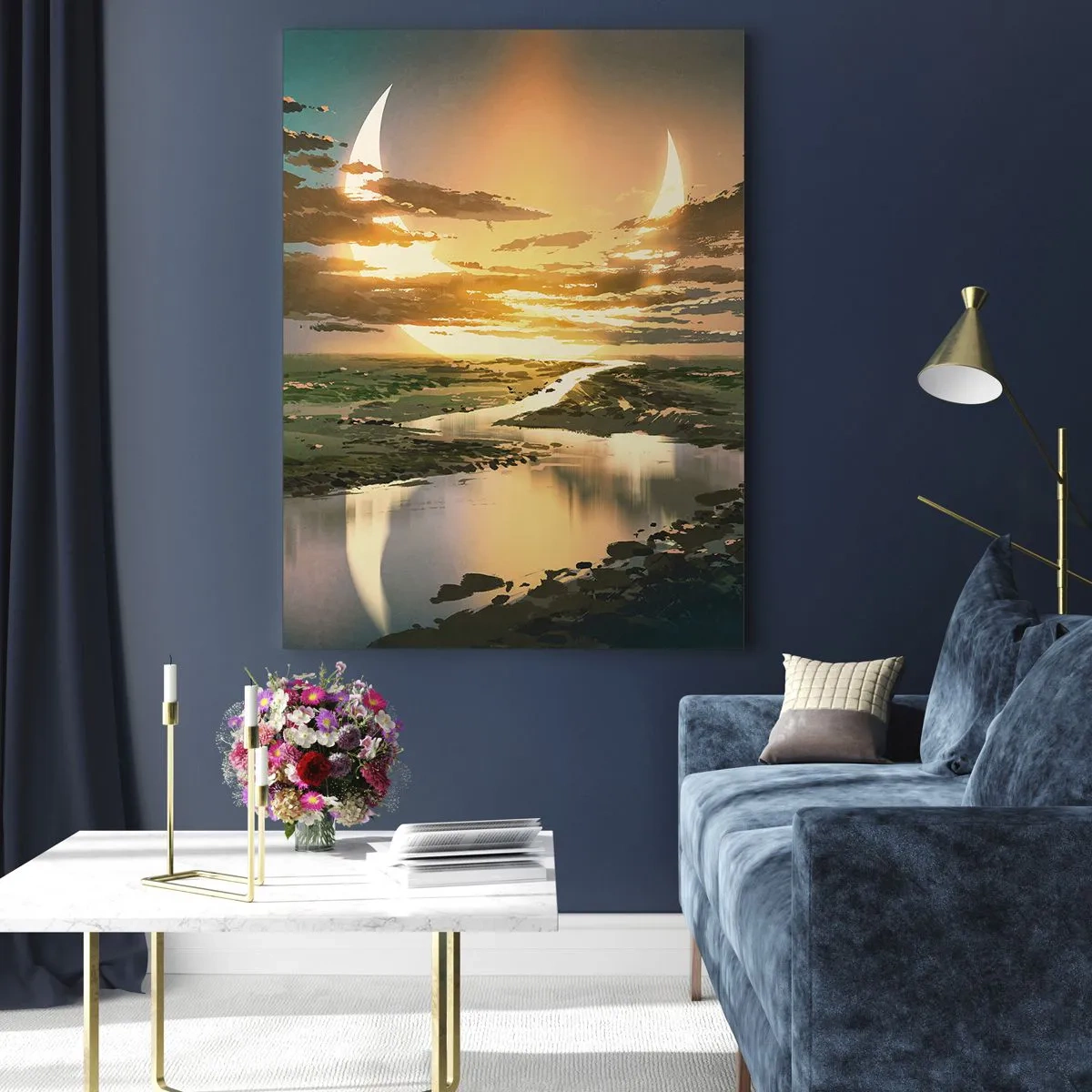 Impression sur verre - Image sur verre - Un paysage fantastique avec deux lunes à l'horizon - 80x120cm - Quelque part dans une galaxie lointaine, très lointaine - Décoration murale moderne pour le salon et la chambre ARTTOR