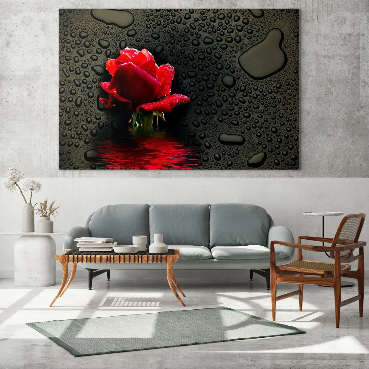 Impression sur verre - Image sur verre - Rose rouge avec des gouttes d'eau sur un fond sombre - 70x50cm - Rouge et noir - Décoration murale moderne pour le salon et la chambre ARTTOR