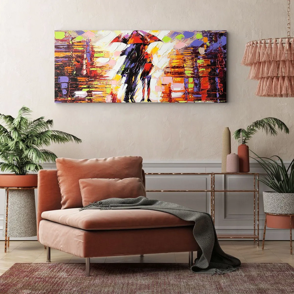 Impression sur toile - Image sur toile - Une scène abstraite d'une promenade sous un parapluie par une nuit pluvieuse. - 160x50cm - Ensemble à travers la nuit et la pluie - Décoration murale moderne pour le salon et la chambre ARTTOR