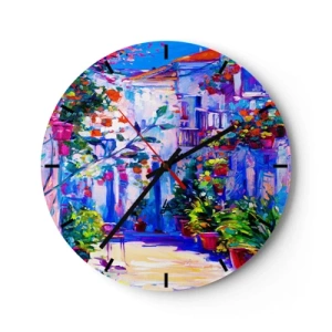Horloge murale - Pendule murale - Un charmant patio rempli de fleurs aux couleurs intenses - 30x30cm - Impression - une rue italienne - Décoration murale moderne pour le salon, la cuisine et la chambre ARTTOR