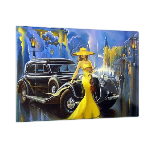 Impression sur verre - Image sur verre - Une femme en robe jaune à côté d'une voiture ancienne - 120x80cm - Nocturne pour violon et amour - Décoration murale moderne pour le salon et la chambre ARTTOR