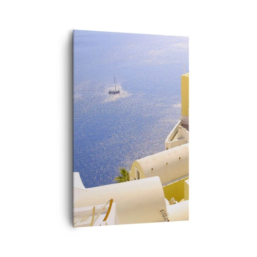 Impression sur toile - Image sur toile - Architecture grecque avec vue sur la mer et un bateau en arrière-plan - 80x120cm - Paysage grec en blanc et bleu ciel - Décoration murale moderne pour le salon et la chambre ARTTOR