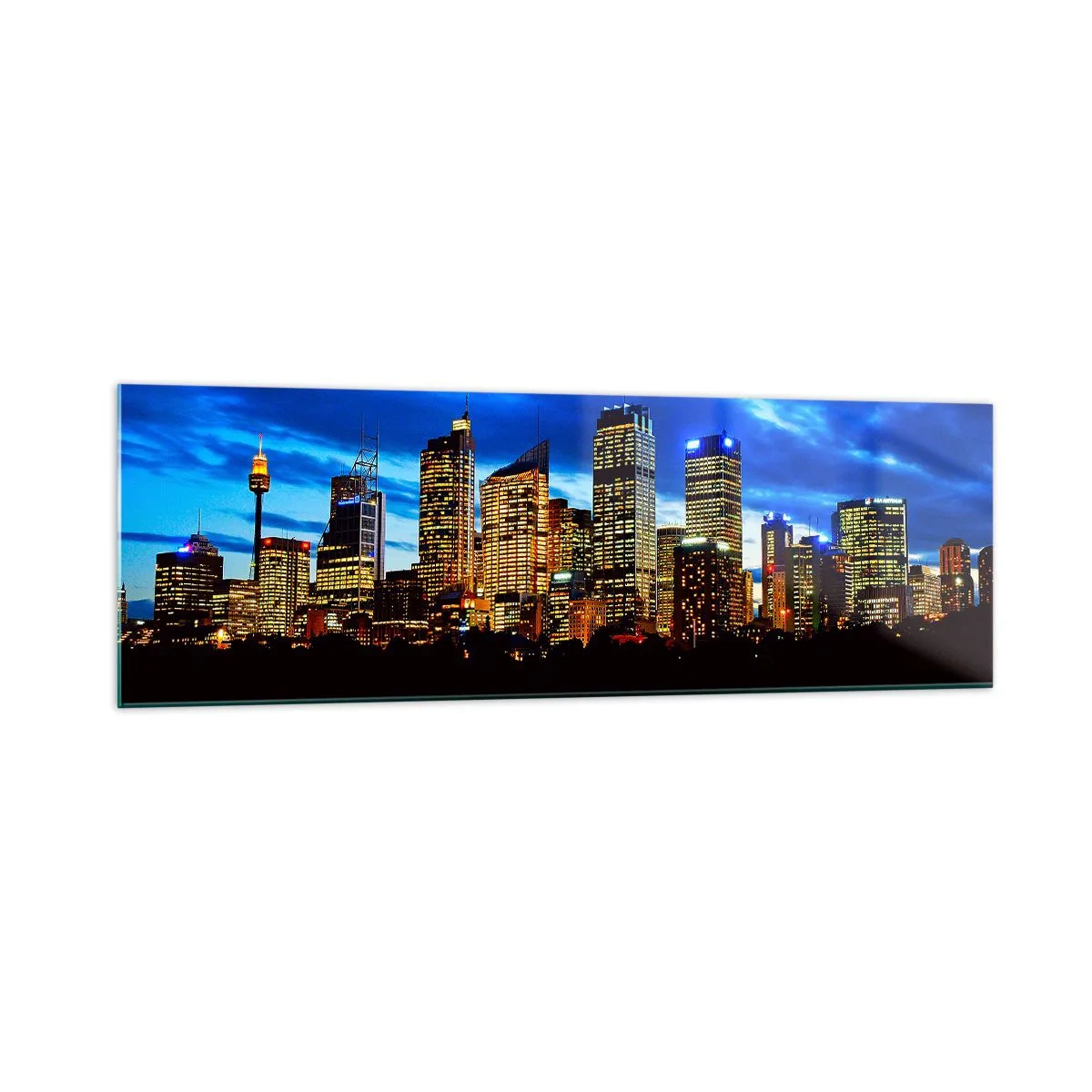 Impression sur verre - Image sur verre - Panorama de la ville nocturne avec des gratte-ciel illuminés au-dessus de l'eau - 160x50cm - Une nuit de lumières et de couleurs - Décoration murale moderne pour le salon et la chambre ARTTOR