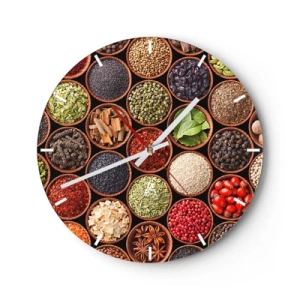 Horloge murale - Pendule murale - Un cadran d'horloge avec un motif coloré d'épices et d'herbes dans des bols en bois. - 30x30cm - Toutes les saveurs du monde - Décoration murale moderne pour le salon, la cuisine et la chambre ARTTOR