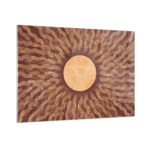 Impression sur verre - Image sur verre - Un soleil stylisé avec des rayons en forme de lignes ondulées sur un fond marron. - 100x70cm - Icône du soleil - Décoration murale moderne pour le salon et la chambre ARTTOR