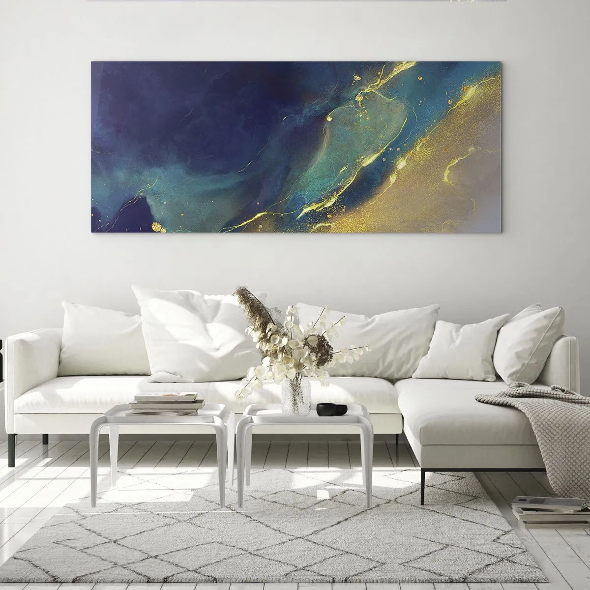 Impression sur verre - Image sur verre - Composition abstraite dans les tons bleu et or sur toile - 120x50cm - Coulée d'or - Décoration murale moderne pour le salon et la chambre ARTTOR