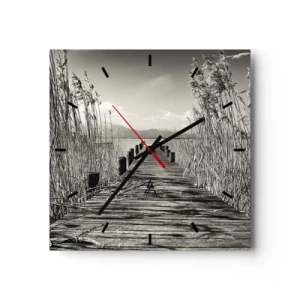Horloge murale - Pendule murale - Une jetée en bois parmi les hautes herbes au-dessus d'un lac aux tons sépia - 30x30cm - Dans le calme de l'herbe - Décoration murale moderne pour le salon et la chambre ARTTOR
