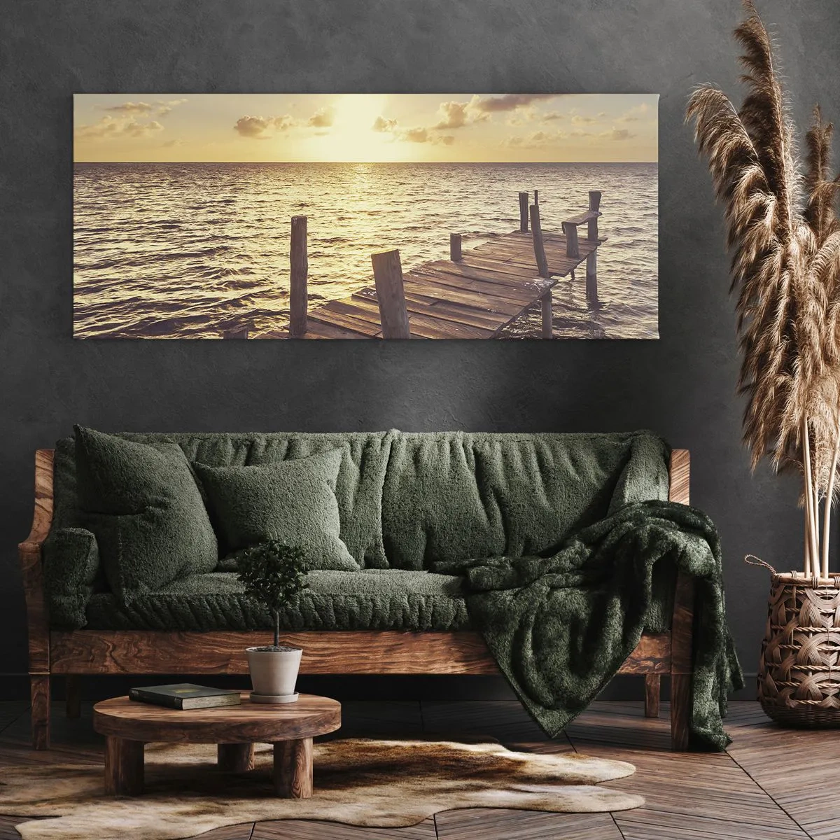 Impression sur toile - Image sur toile - Une jetée en bois menant vers le coucher du soleil - 160x50cm - La terre d'or de la douceur - Décoration murale moderne pour le salon et la chambre ARTTOR
