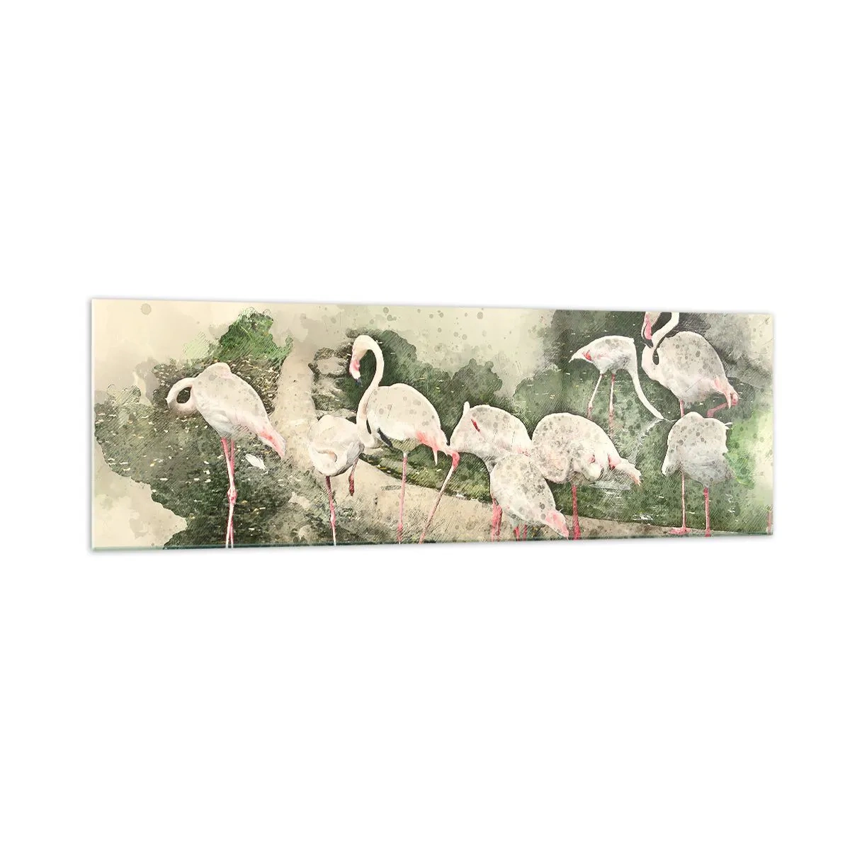 Impression sur verre - Image sur verre - Flamants roses dans leur environnement naturel dans un style aquarelle - 160x50cm - Rêve exotique - Décoration murale moderne pour le salon et la chambre ARTTOR