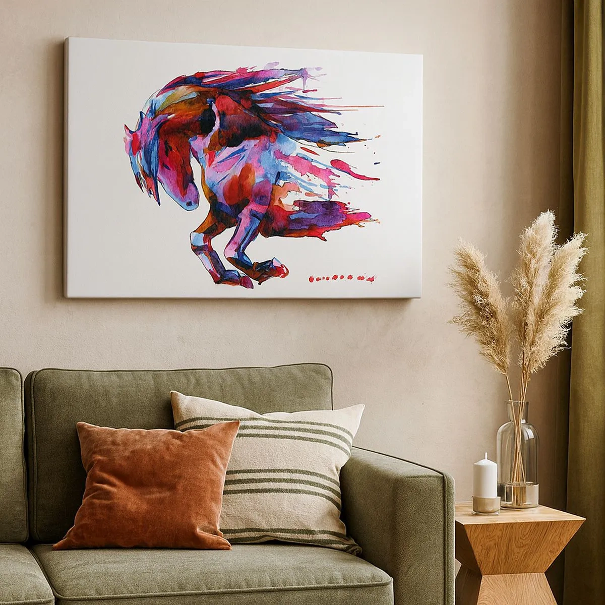 Impression sur toile - Image sur toile - Un cheval aux couleurs abstraites dynamiques symbolisant la liberté - 70x50cm - Dans le ravissement - Décoration murale moderne pour le salon et la chambre ARTTOR