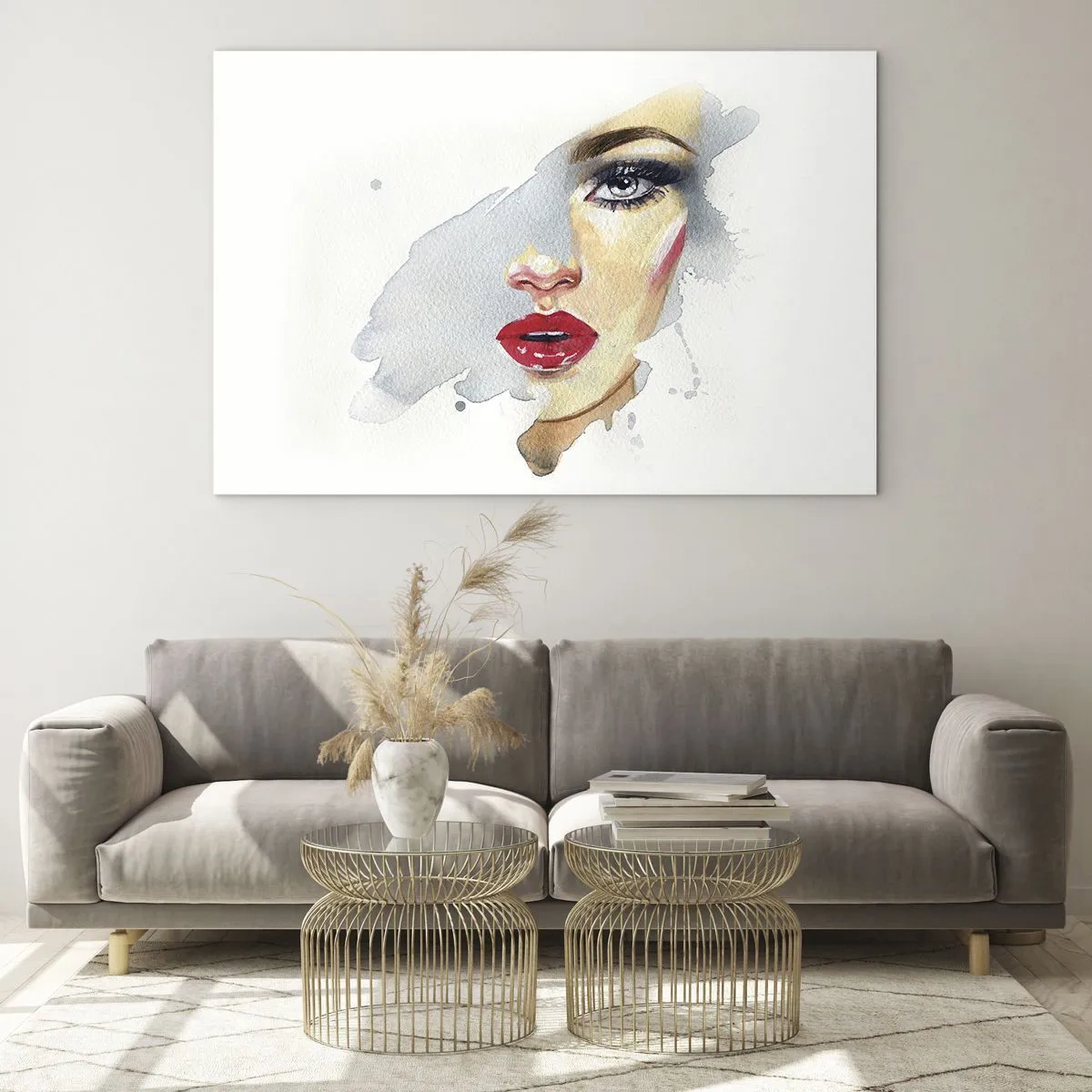 Impression sur verre - Image sur verre - Portrait à l'aquarelle d'une femme aux lèvres rouges - 70x50cm - Reflet dans une goutte d'eau - Décoration murale moderne pour le salon et la chambre ARTTOR