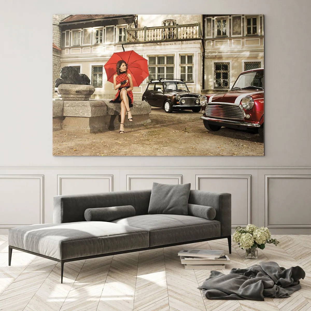 Impression sur verre - Image sur verre - Femme avec un parapluie rouge et des voitures classiques - 70x50cm - Un mini-voyage sentimental - Décoration murale moderne pour le salon et la chambre ARTTOR