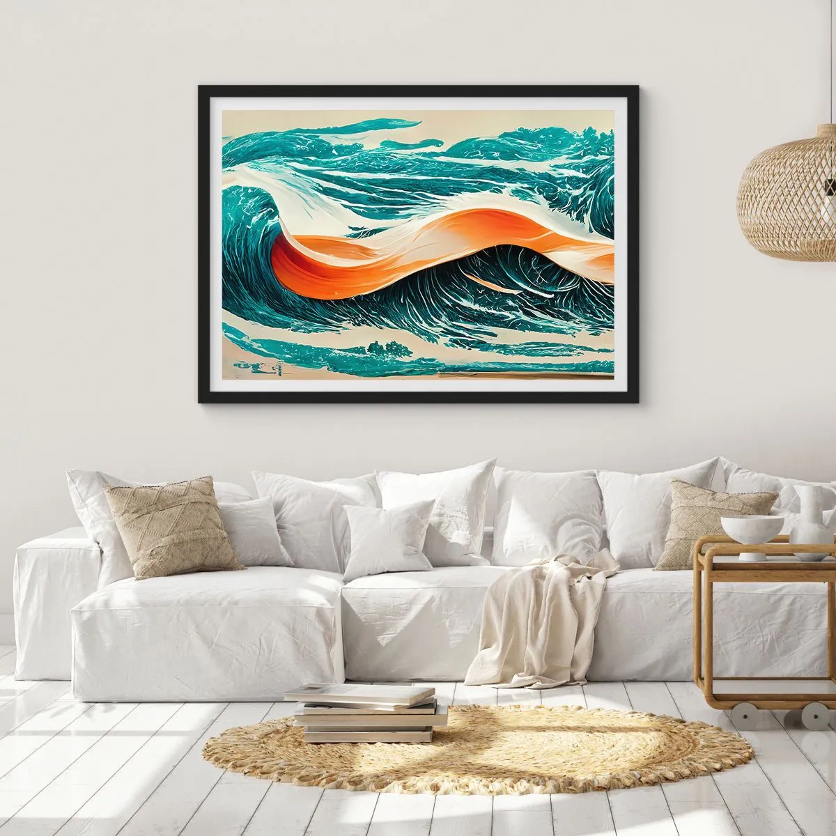 Affiche dans un cadre noir - Poster - Vagues de mer dynamiques avec ruban abstrait - 70x50cm - Le rêve d'un surfeur - Décoration murale moderne pour le salon et la chambre ARTTOR