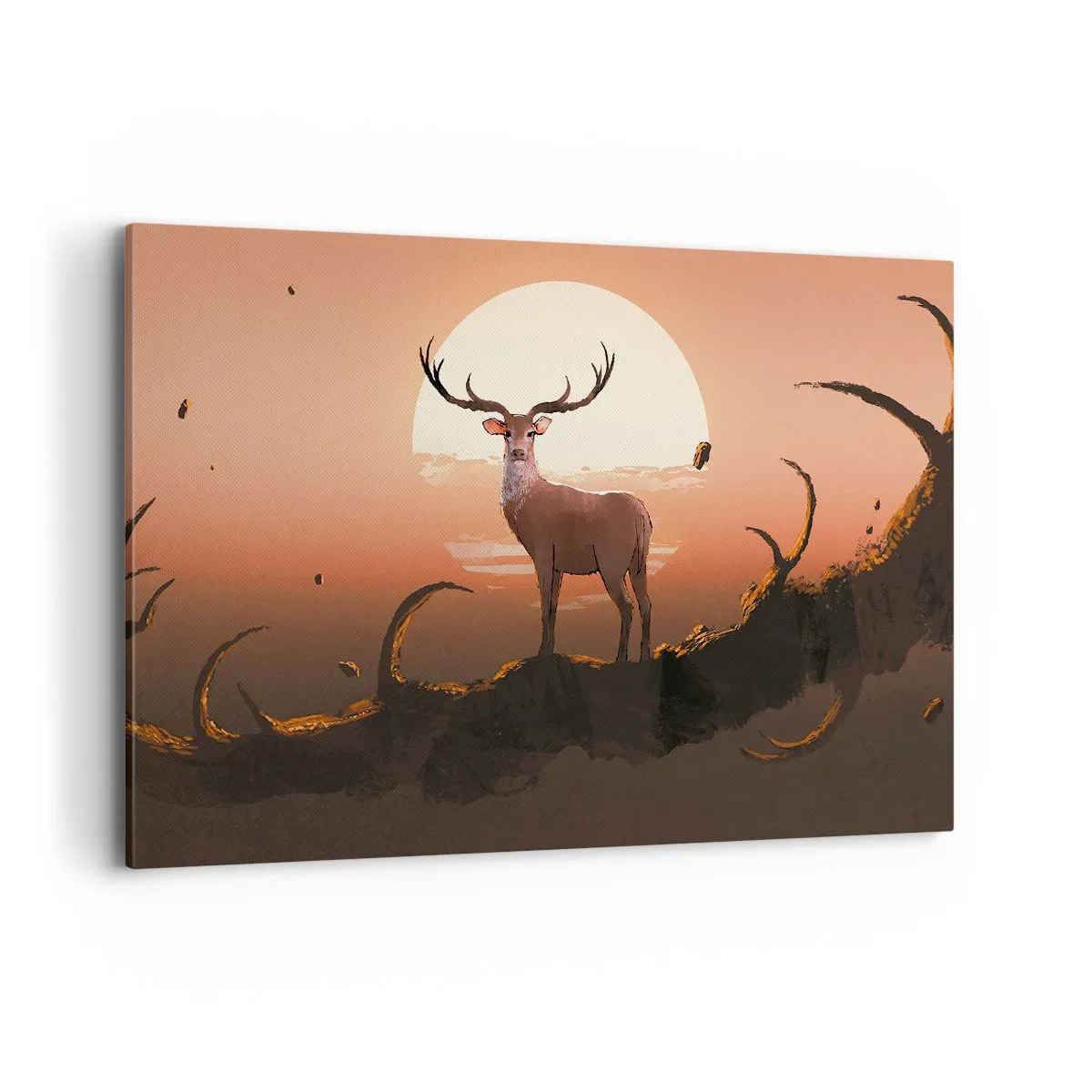 Impression sur toile - Image sur toile - Un cerf sur fond de soleil couchant et un paysage surréaliste - 120x80cm - Cette nuit ne ressemble à aucune autre - Décoration murale moderne pour le salon et la chambre ARTTOR