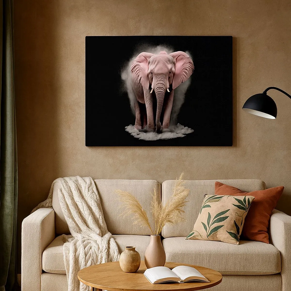 Impression sur toile - Image sur toile - Une interprétation artistique d'un éléphant rose sur fond noir - 70x50cm - Ne pensez pas à un éléphant rose ! - Décoration murale moderne pour le salon et la chambre ARTTOR