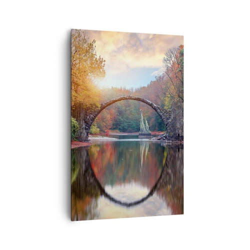 Impression sur toile - Image sur toile - Un pont de pierre dans un paysage d'automne sur une eau calme - 80x120cm - De l'autre cote du miroir - Décoration murale moderne pour le salon et la chambre ARTTOR