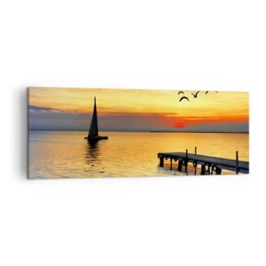 Impression sur toile - Image sur toile - Coucher de soleil avec un voilier et une jetée sur un lac calme - 140x50cm - Le soir revient - Décoration murale moderne pour le salon et la chambre ARTTOR
