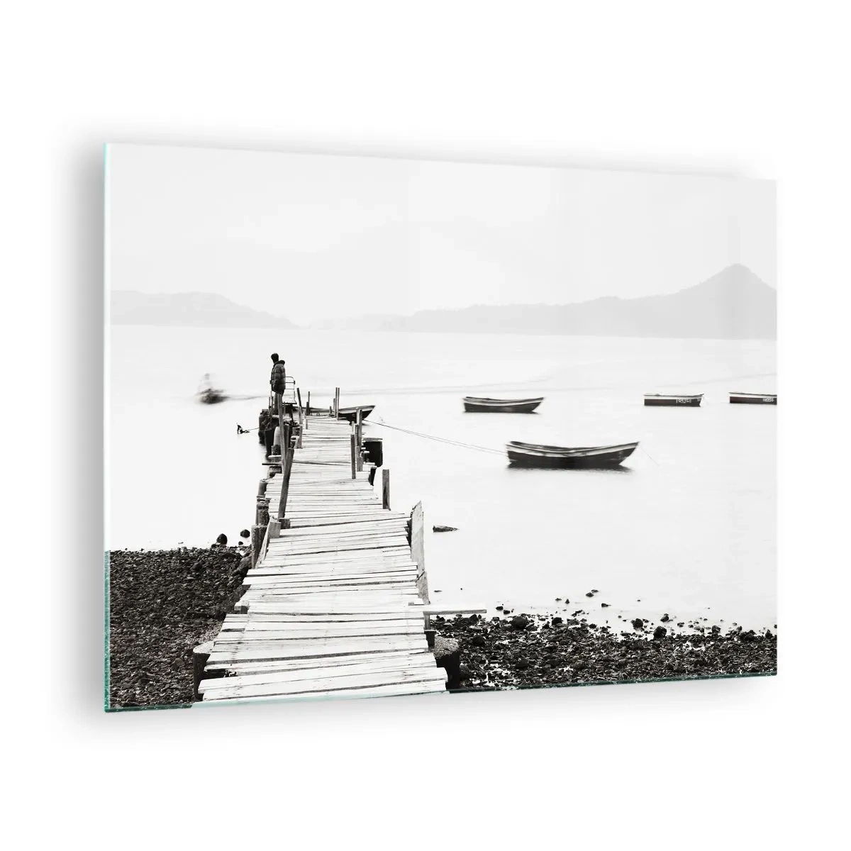 Impression sur verre - Image sur verre - Vue en noir et blanc d'une jetée en bois sur un lac - 70x50cm - Calme et propre au bord de l'eau - Décoration murale moderne pour le salon et la chambre ARTTOR