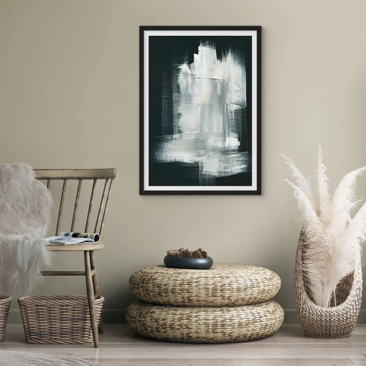 Affiche dans un cadre noir - Poster - Composition abstraite en blanc sur fond sombre - 50x70cm - Tissé à la verticale et à l'horizontale - Décoration murale moderne pour le salon et la chambre ARTTOR