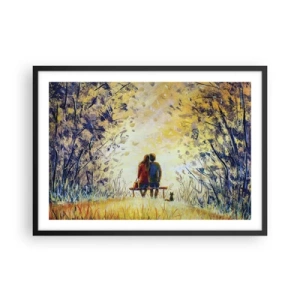 Affiche dans un cadre noir - Poster - Un couple assis sur un banc parmi les arbres d'automne au soleil - 70x50cm - Moment magique - Décoration murale moderne pour le salon et la chambre ARTTOR