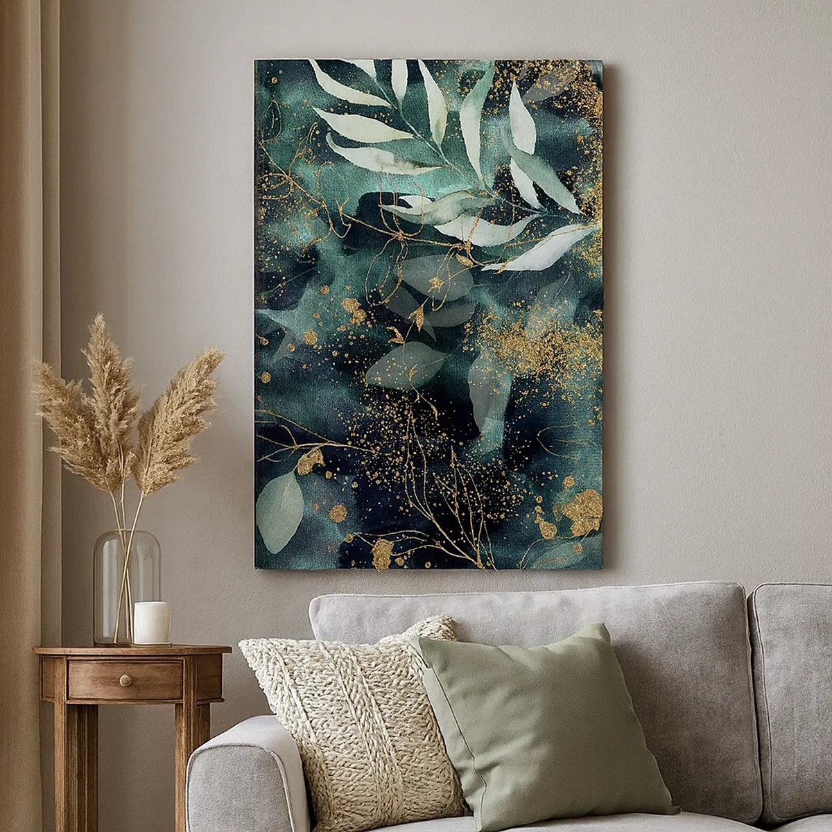 Impression sur toile - Image sur toile - Feuilles élégantes sur un fond sombre avec des accents dorés - 50x70cm - Jardin magique - Décoration murale moderne pour le salon et la chambre ARTTOR
