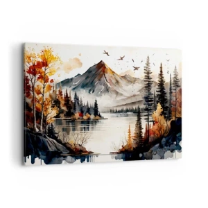 Impression sur toile - Image sur toile - Paysage de montagne d'automne avec un lac et des arbres à l'aquarelle - 100x70cm - Automne doré dans les montagnes - Décoration murale moderne pour le salon et la chambre ARTTOR