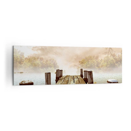 Impression sur toile - Image sur toile - Une jetée en bois menant à un lac calme dans la brume matinale - 160x50cm - La douce tristesse de l'automne - Décoration murale moderne pour le salon et la chambre ARTTOR