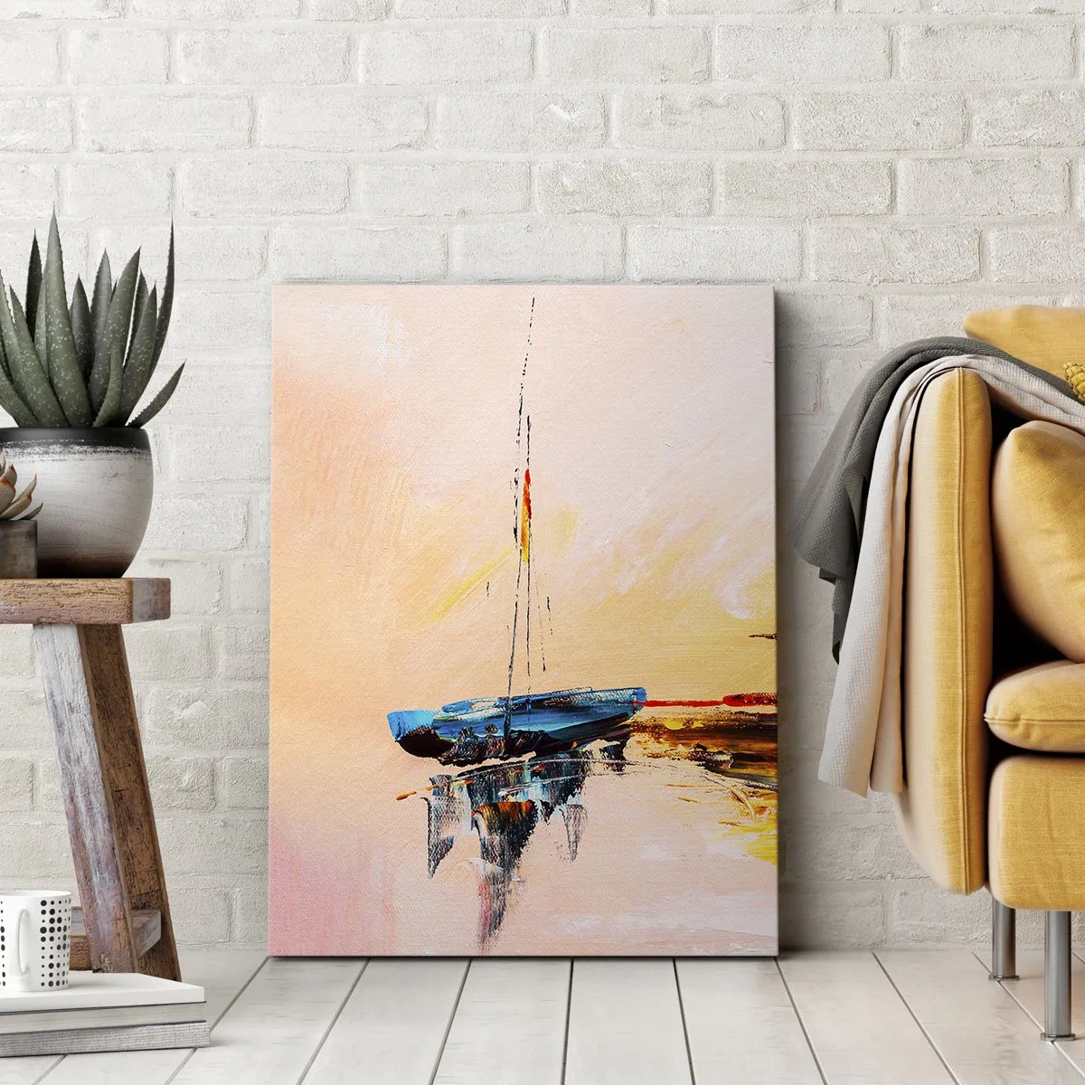 Impression sur toile - Image sur toile - Bateaux colorés sur une eau calme au coucher du soleil - 70x100cm - Soirée à la marina - Décoration murale moderne pour le salon et la chambre ARTTOR