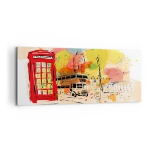 Impression sur toile - Image sur toile - Thème londonien avec bus rouge et stand - 120x50cm - La ville de la variété - Décoration murale moderne pour le salon et la chambre ARTTOR
