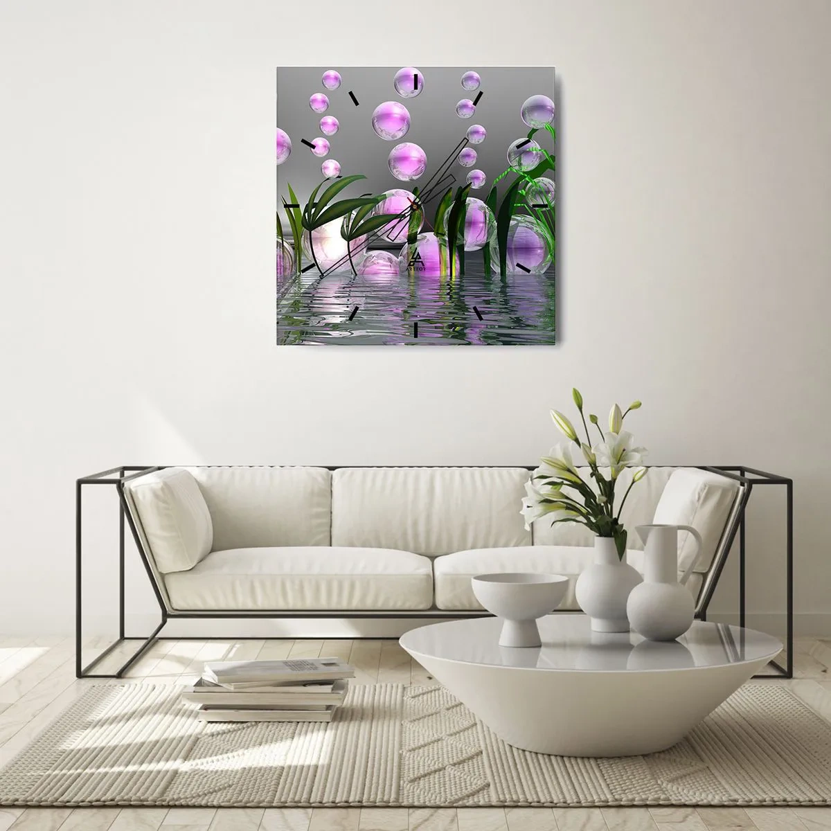 Horloge murale - Pendule murale - Feuilles vertes et bulles roses au-dessus de l'eau sur fond gris - 30x30cm - Une composition réfléchissante de légèreté et de vie - Décoration murale moderne pour le salon et la chambre ARTTOR