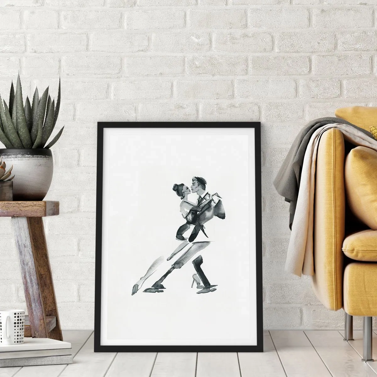 Affiche dans un cadre noir - Poster - Aquarelle en noir et blanc d'un couple dansant - 50x70cm - En un battement - Décoration murale moderne pour le salon et la chambre ARTTOR