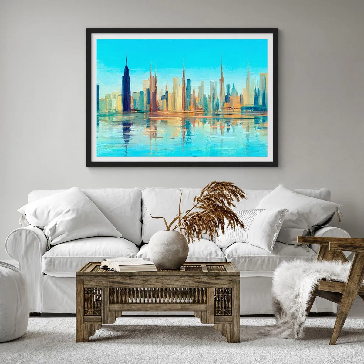 Affiche dans un cadre noir - Poster - Un panorama de la ville aux couleurs chaudes avec reflet dans l'eau - 100x70cm - Une métropole ensoleillée - Décoration murale moderne pour le salon et la chambre ARTTOR