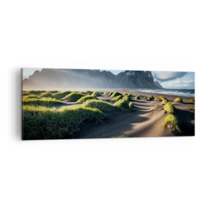 Impression sur toile - Image sur toile - Dunes vertes avec un arrière-plan montagneux sous un ciel bleu - 140x50cm - Harmonie des éléments - Décoration murale moderne pour le salon et la chambre ARTTOR