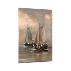 Impression sur verre - Image sur verre - Voiliers sur une mer calme dans un décor pastel - 70x100cm - Le retour des marins - Décoration murale moderne pour le salon et la chambre ARTTOR