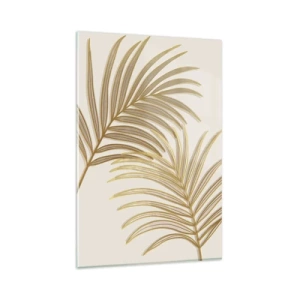 Impression sur verre - Image sur verre - Feuilles de palmier dorées sur fond clair dans un style minimaliste - 80x120cm - Palme d'or! - Décoration murale moderne pour le salon et la chambre ARTTOR