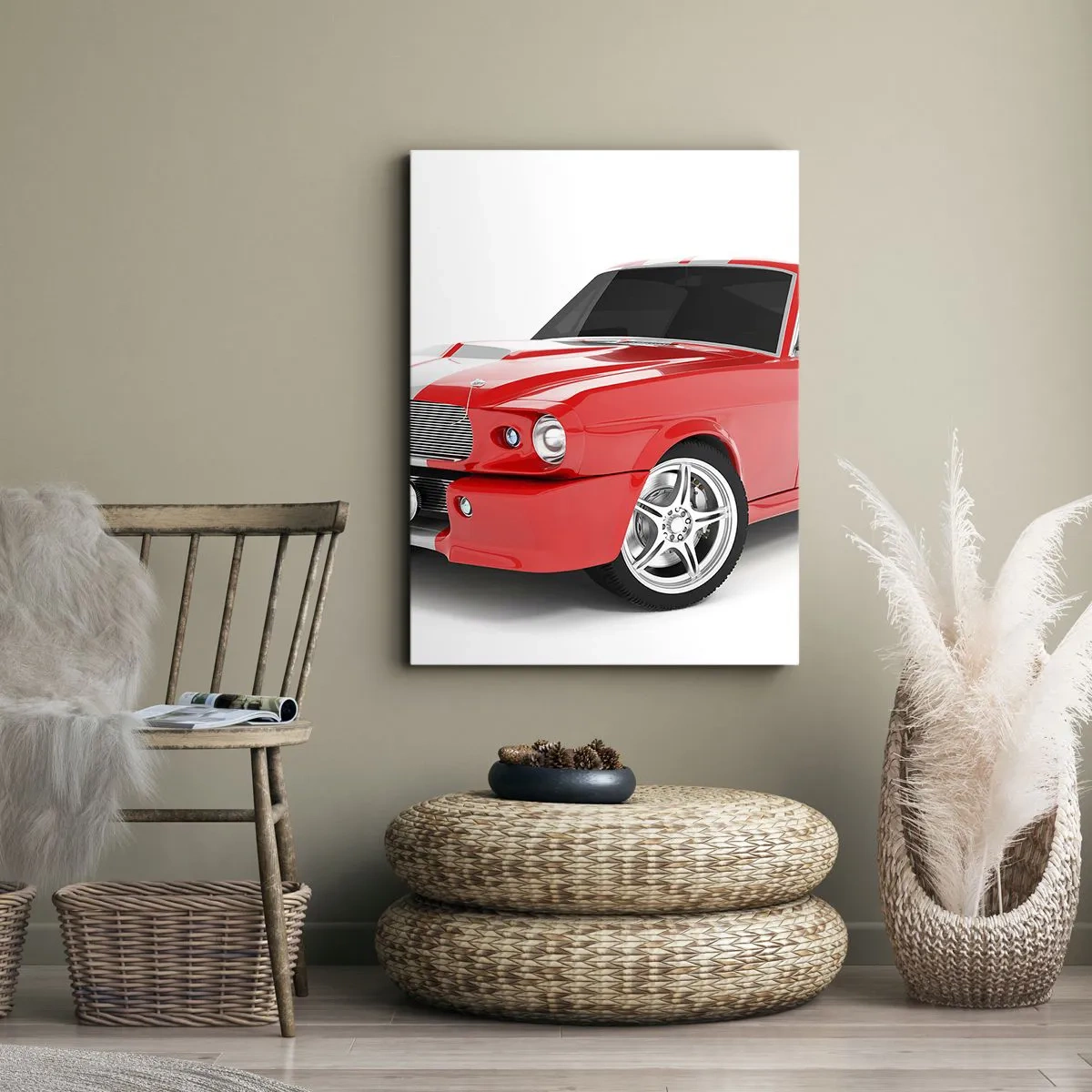 Impression sur toile - Image sur toile - Voiture de sport rouge à rayures blanches - 80x120cm - Une Mustang aussi rapide que le vent - Décoration murale moderne pour le salon et la chambre ARTTOR