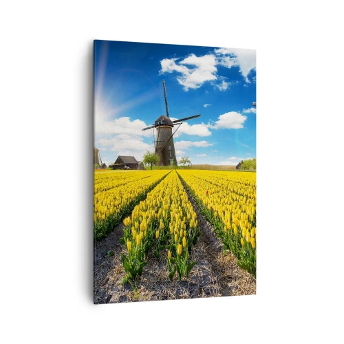 Impression sur toile - Image sur toile - Un champ de tulipes jaunes avec des moulins à vent à l'horizon - 70x100cm - Ça ne pourrait pas être plus hollandais - Décoration murale moderne pour le salon et la chambre ARTTOR