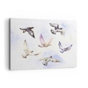 Impression sur toile - Image sur toile - Oiseaux à l'aquarelle en vol sur un ciel délicat - 100x70cm - Liberté en gris et bleu - Décoration murale moderne pour le salon et la chambre ARTTOR