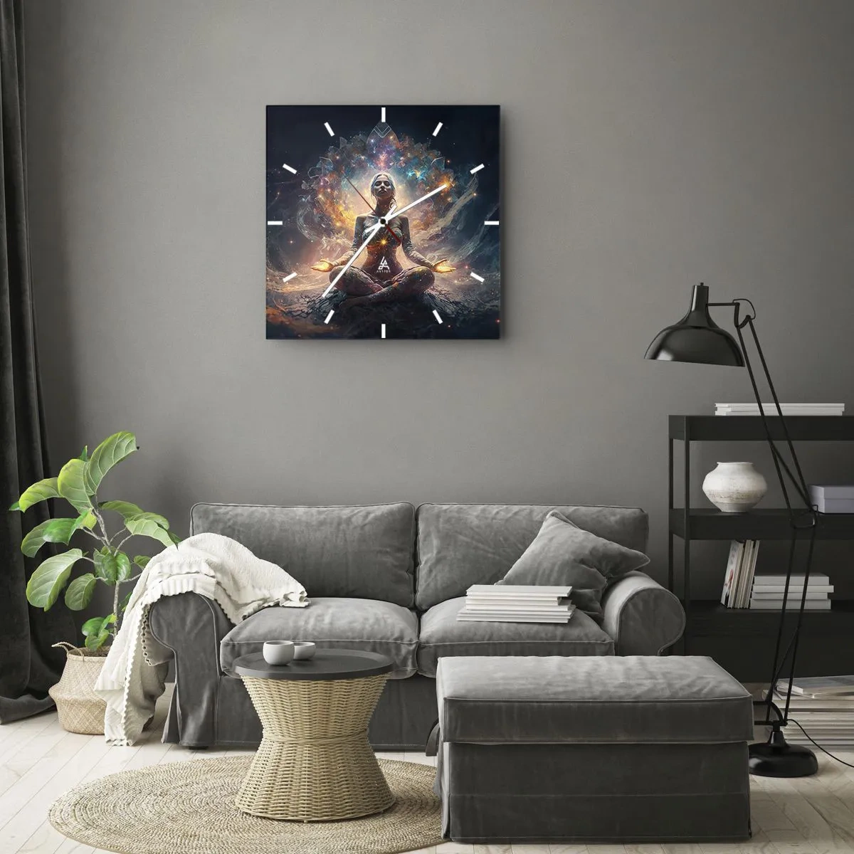 Horloge murale - Pendule murale - Une figure méditante entourée de motifs et de couleurs énergétiques. - 30x30cm - Flux de bonne énergie - Décoration murale moderne pour le salon et la chambre ARTTOR