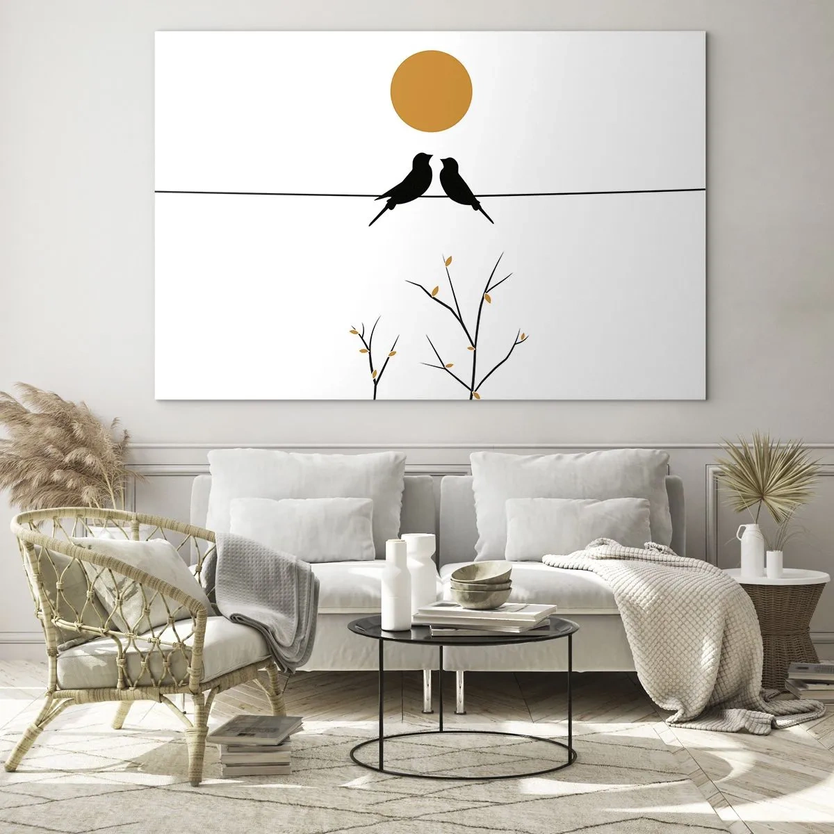 Impression sur verre - Image sur verre - Oiseaux sur une ligne sous un soleil orange - 70x50cm - Soirée pour rossignols - Décoration murale moderne pour le salon et la chambre ARTTOR