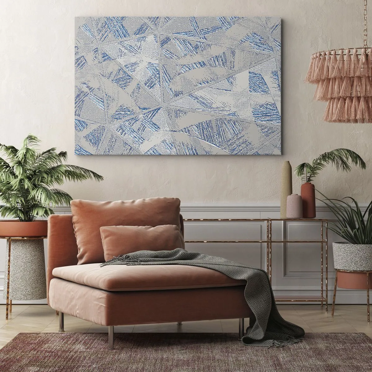 Impression sur toile - Image sur toile - Motifs géométriques dans les tons de bleu et de gris - 100x70cm - Dans un labyrinthe bleu-gris - Décoration murale moderne pour le salon et la chambre ARTTOR
