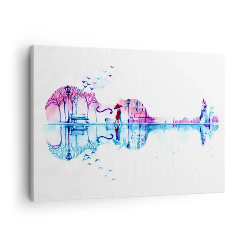 Impression sur toile - Image sur toile - Silhouette de ville en forme de violon aux couleurs aquarelles - 70x50cm - Je vous apporterai de cantiques de pluie - Décoration murale moderne pour le salon et la chambre ARTTOR