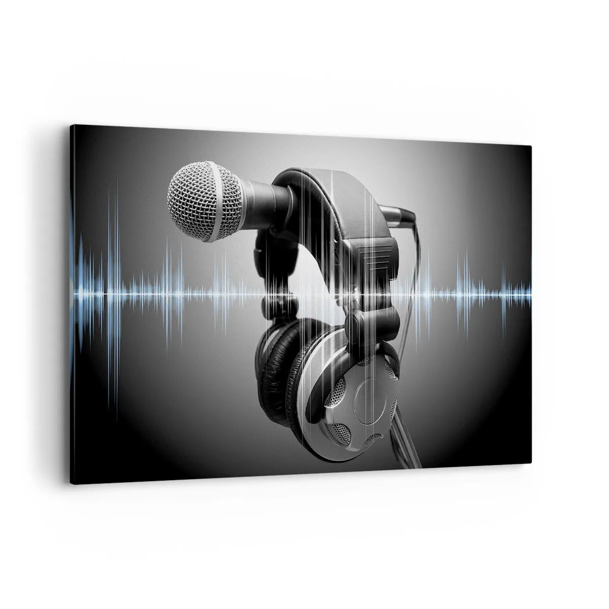 Impression sur toile - Image sur toile - Microphone et casque avec visualisation des ondes sonores en arrière-plan - 120x80cm - Vous pouvez encore entendre son chant - Décoration murale moderne pour le salon et la chambre ARTTOR