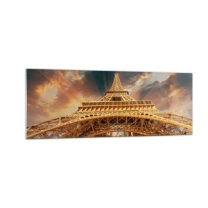 Impression sur verre - Image sur verre - La Tour Eiffel vue d'en bas sur fond de soleil couchant - 140x50cm - Comment l'humanité a atteint le ciel - Décoration murale moderne pour le salon et la chambre ARTTOR