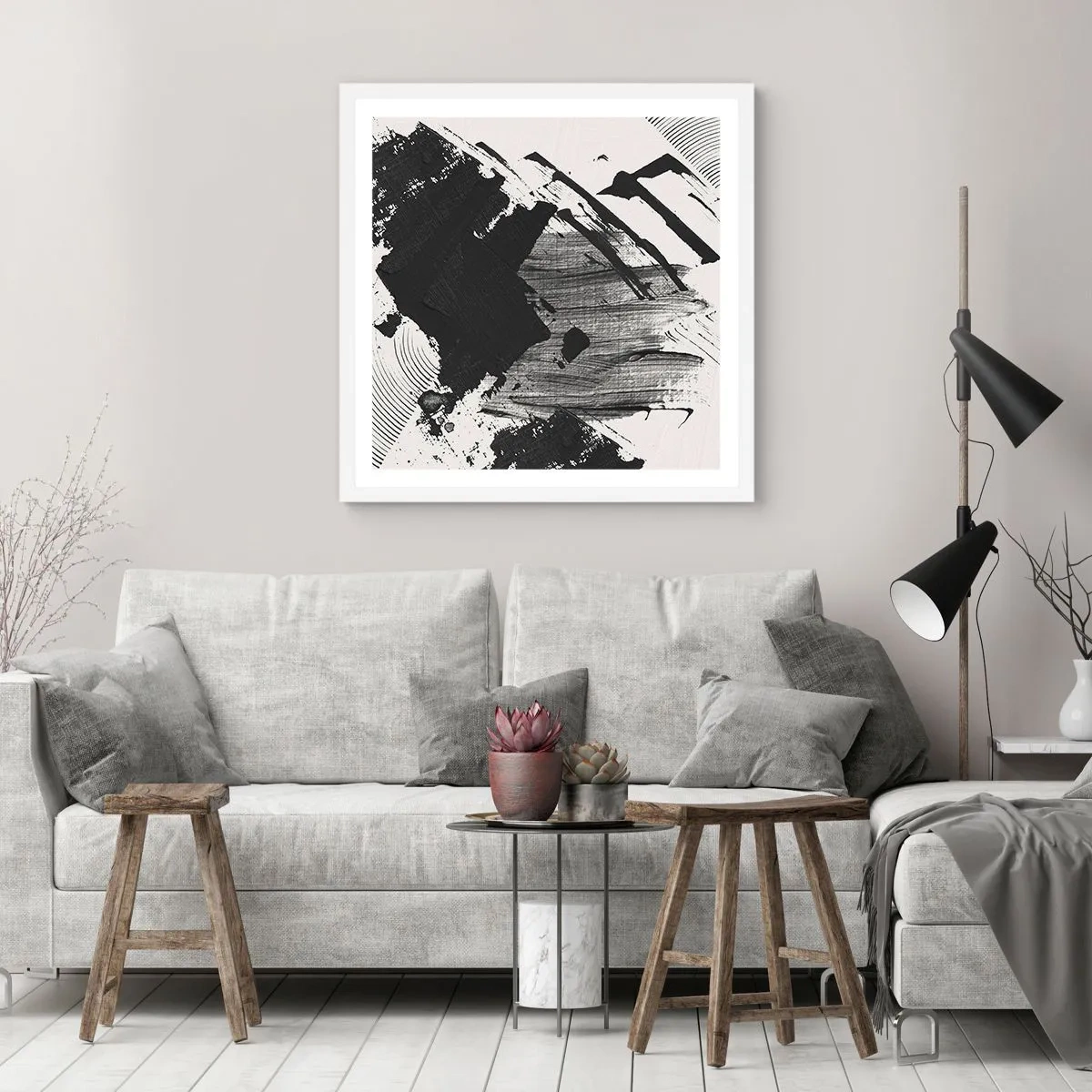 Affiche dans un cadre blanc - Poster - Abstraction – expression du noir - 40x40 cm
