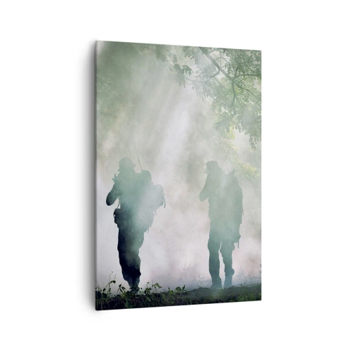 Impression sur toile - Image sur toile - Silhouettes de soldats dans une forêt entourée de brouillard - 70x100cm - Un pour tous… - Décoration murale moderne pour le salon et la chambre ARTTOR
