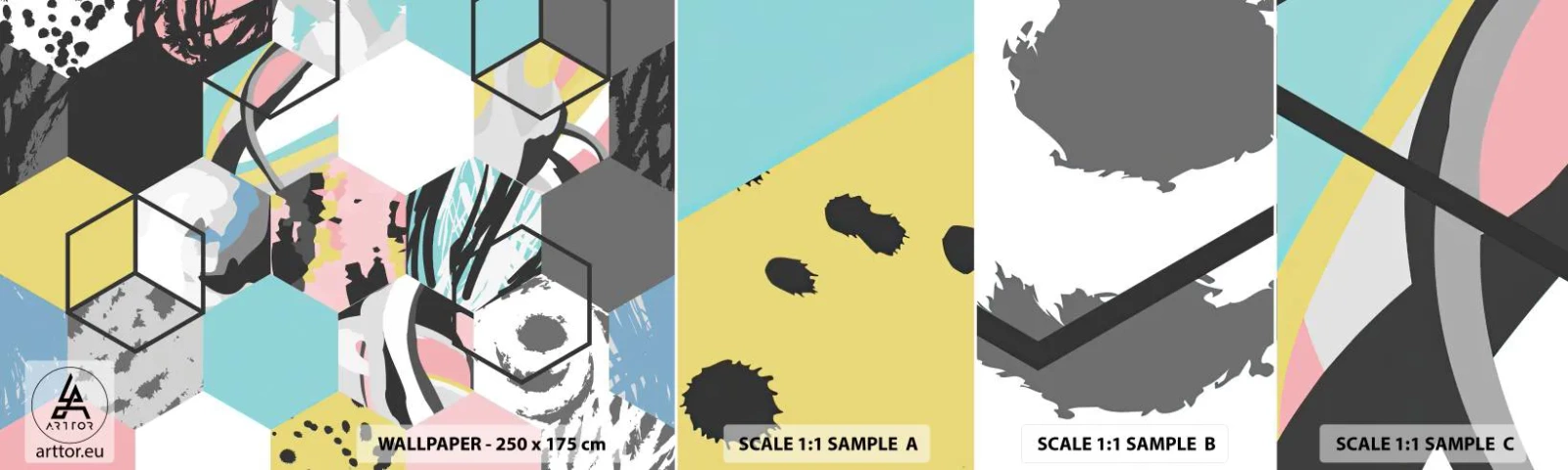 Échantillon De Papier Peint Standard Eco - Hexagones et cubes en six couleurs - Abstraction, Morceau, Modèle moderne - 100x30 cm